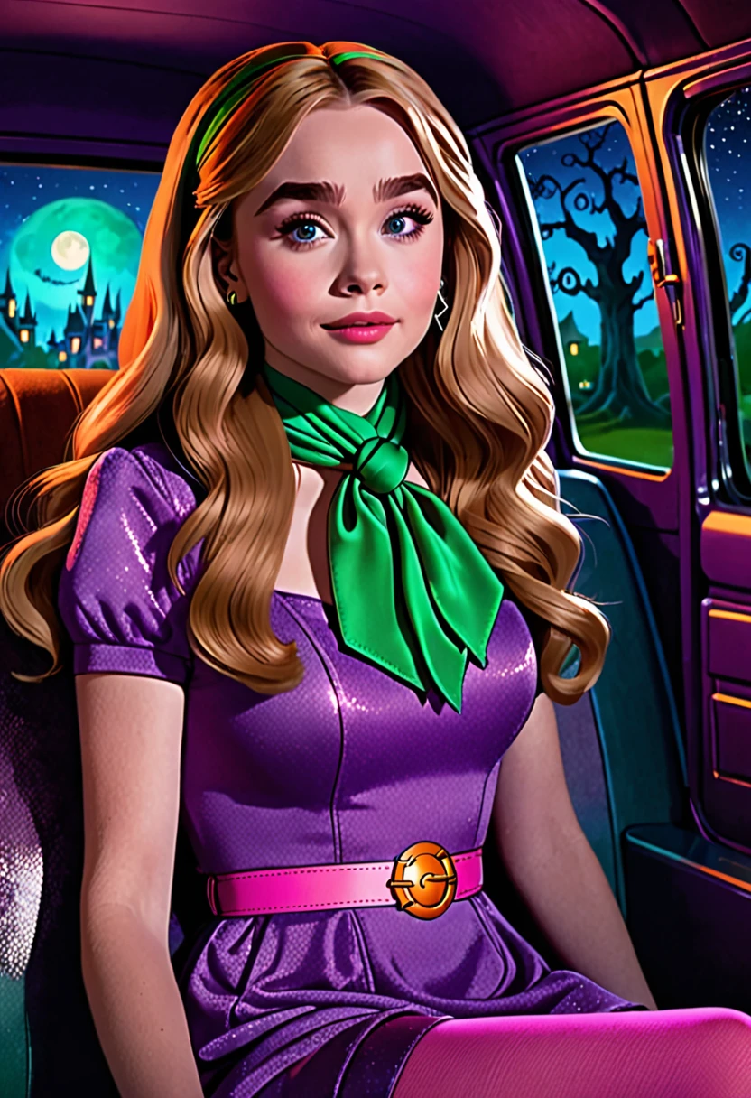 Sabrina Carpenter as Daphne Blake from Scooby-Doo sitting in the mystery machine in the passenger seat. She has orange shoulder length hair. A purple dress with pink pantyhose. A green scarf. And a light purple belt around her waist. It is night time nothing but the Moon is illuminating the scene. She is at a haunted mansion