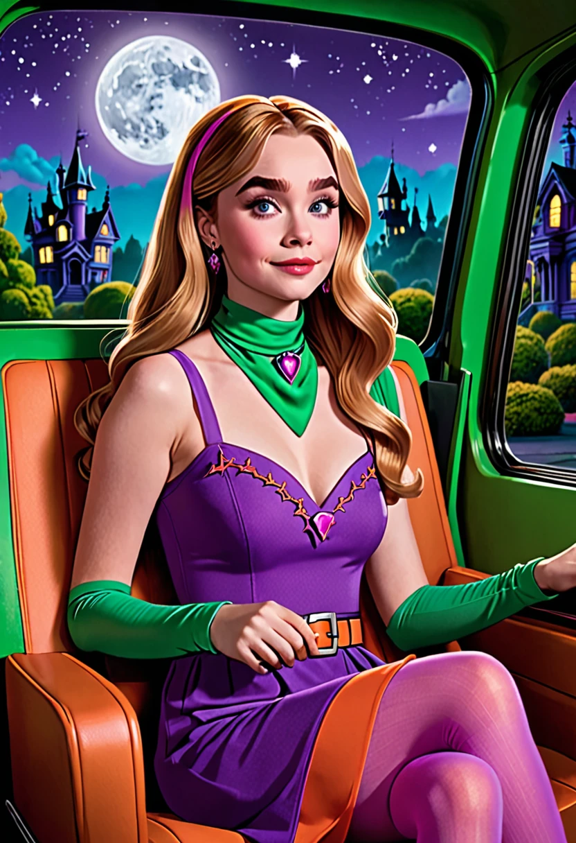 Sabrina Carpenter as Daphne Blake from Scooby-Doo sitting in the mystery machine in the passenger seat. She has orange shoulder length hair. A purple dress with pink hose. A green scarf. And a light purple belt around her waist. It is night time nothing but the Moon is illuminating the scene. She is at a haunted mansion
