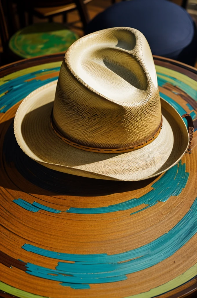 An impressionistic painting of a cowboy hat on a table