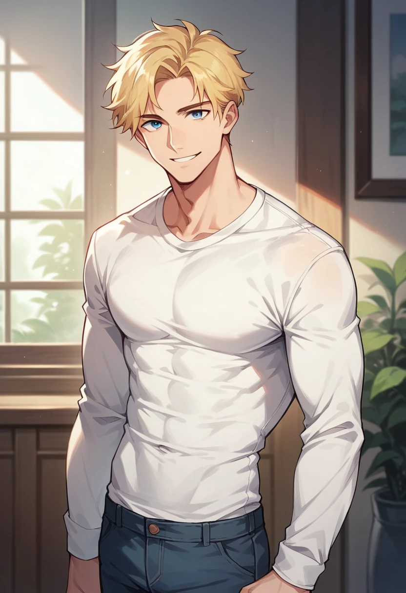 score_9, score_8_up, score_7_up, score_6_up, 1boy, solo, straight hair, short hair, blonde hair, blue eyes, white shirt, long sleeves, pants, indoors, standing, looking at viewer, smile