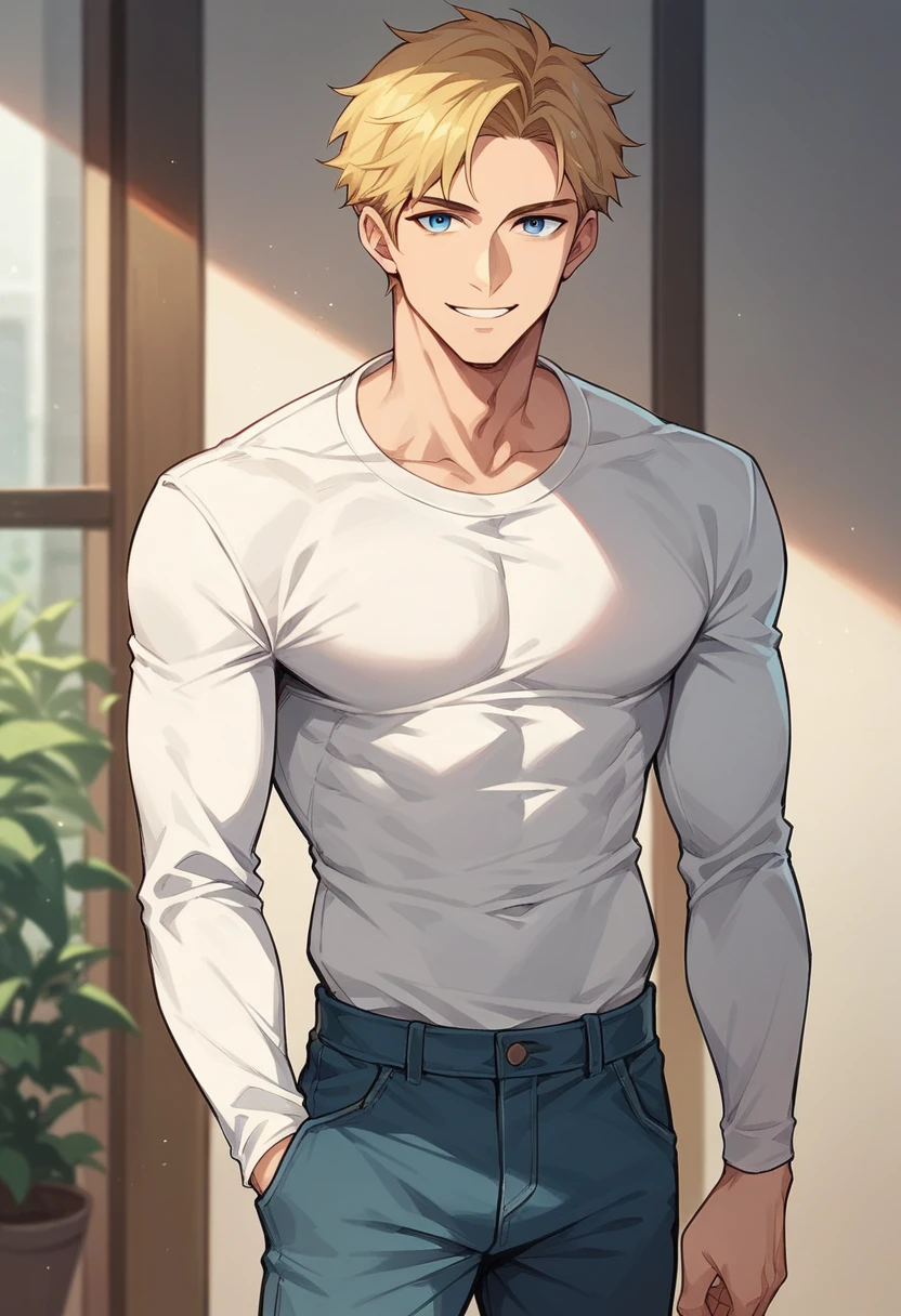 score_9, score_8_up, score_7_up, score_6_up, 1boy, solo, straight hair, short hair, blonde hair, blue eyes, white shirt, long sleeves, pants, indoors, standing, looking at viewer, smile