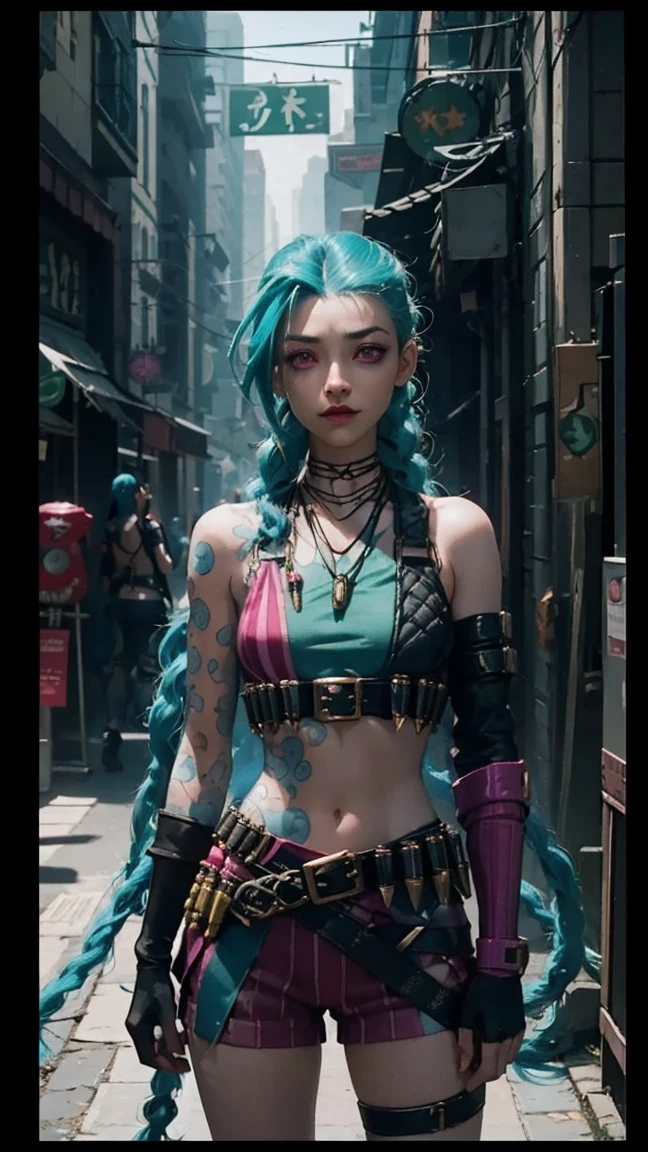 jinx arcane, uma mulher com hair green e tatuagens, cyberpunk woman anime woman, pants, Beautiful angry cyberpunk goddess, cyberpunk artstyle, cyberpunk anime digital art, cyberpunk anime art, Arcane Jinx Retrato, cyberpunk anime art, cyberpunk themed art, cyberpunk dark fantasy, arcane style, 1 girl, stars tattoo on arm, asymmetrical bangs, range, hair green, Green braids, brown shirt, stars tattoo, sideways, hair green, long hair, pink eyes, Red lips, standing , cloud tattoo, twin braids. Arcane Jinx. Garota de hair green, garota de twin braids, Jinx in a burning place, Spark, spheres of light, movie poster, Jinx, Arcane\(league of legends\