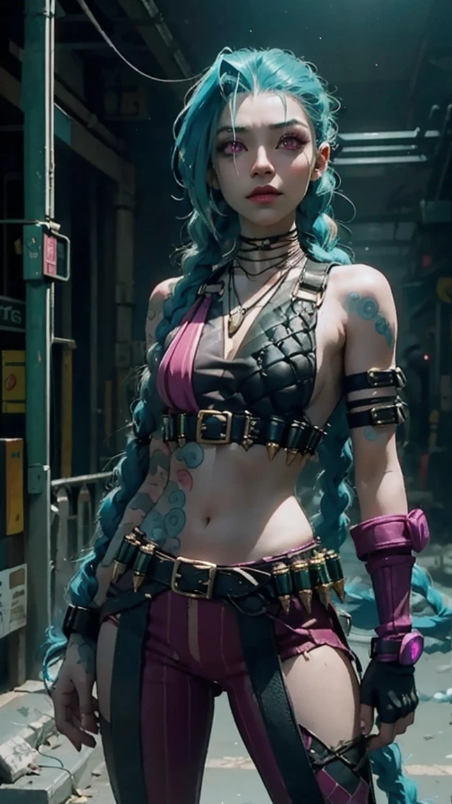 jinx arcane, uma mulher com hair green e tatuagens, cyberpunk woman anime woman, pants, Beautiful angry cyberpunk goddess, cyberpunk artstyle, cyberpunk anime digital art, cyberpunk anime art, Arcane Jinx Retrato, cyberpunk anime art, cyberpunk themed art, cyberpunk dark fantasy, arcane style, 1 girl, stars tattoo on arm, asymmetrical bangs, range, hair green, Green braids, brown shirt, stars tattoo, sideways, hair green, long hair, pink eyes, Red lips, standing , cloud tattoo, twin braids. Arcane Jinx. Garota de hair green, garota de twin braids, Jinx in a burning place, Spark, spheres of light, movie poster, Jinx, Arcane\(league of legends\