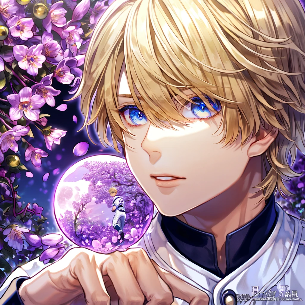 absurdres, highres, ultra detailed, HDR, master piece, best quality, Koushuu Okumura, blond hair, expressive blue eyes, hair over the right eye, Diamond No Ace, solo, sexy man, handsome, white baseball uniform, fantasy, purple moon, purple flowers, purple blossoms, purple petals, fireflies