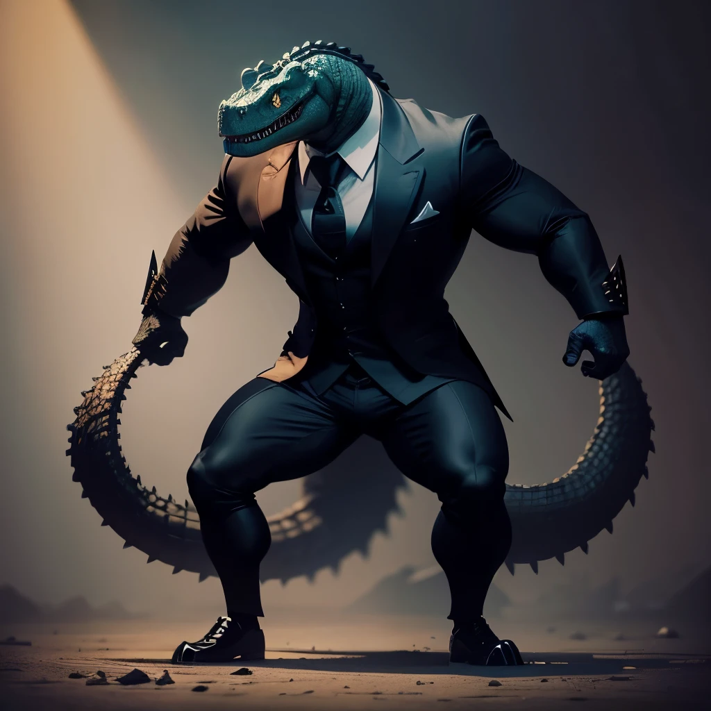 Humanoid crocodile muscled , with a crocodile's head black with a tail with 2 huge arms , in suit with a tie , a huge bugle in pants , full body