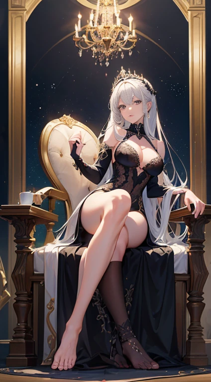 ((masterpiece, Highest quality, High resolution)), ((Highly detailed CG integrated 8K wallpaper)), (Huge and stunning goddess shot, Very hot and sexy, Incredible beauty, Perfect proportions, Beautiful body, Slim body beauty:1.1), The Young Queen on the Iron Throne, The Iron Throne in Flames, A beautiful face that shows determination, Braided silver hair, A black crown on her head, Black Dress, Sitting cross-legged, Bare shoulders, Lace gloves, Barefoot, Majestic light particles in the air, A scene from a movie, Solemn atmosphere, View from below,
