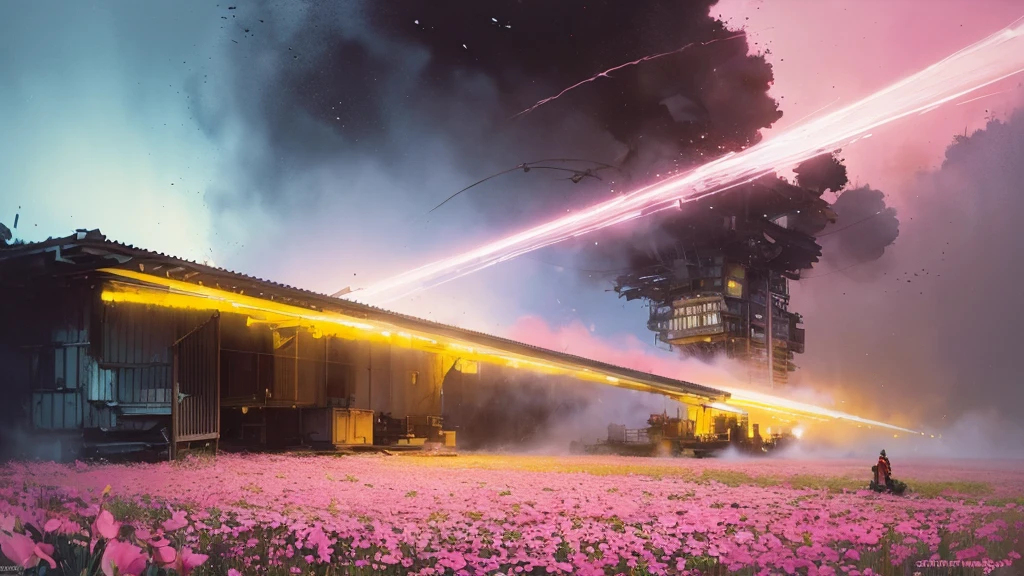 32k, Masterpiece, Highest quality, One girl, Brown Hair, Detailed eyes, flower,sweet pea, Pink and yellow style,A dreamy, romantic piece,Pale pink, Mysterious Leaves,A playful arrangement,Fantasy,High Contrast,Ink strokes,explosion,Exposure, Impression of pink and yellow tones,Abstract,((Watercolours by John Berkey and Jeremy Mann )) Brush strokes,Negative Space, Tyndall effect, White background