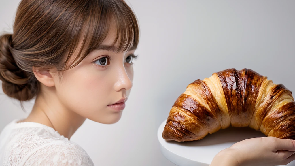 Create a hyper-realistic image of a girl made from a croissant, on white background