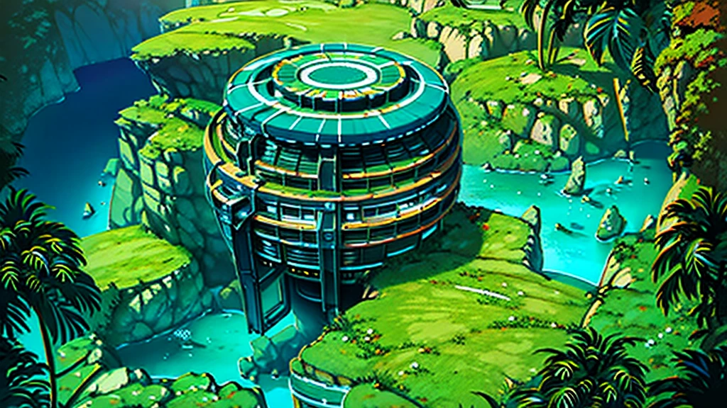 create a scenario seen from above like a board in a futuristic jungle