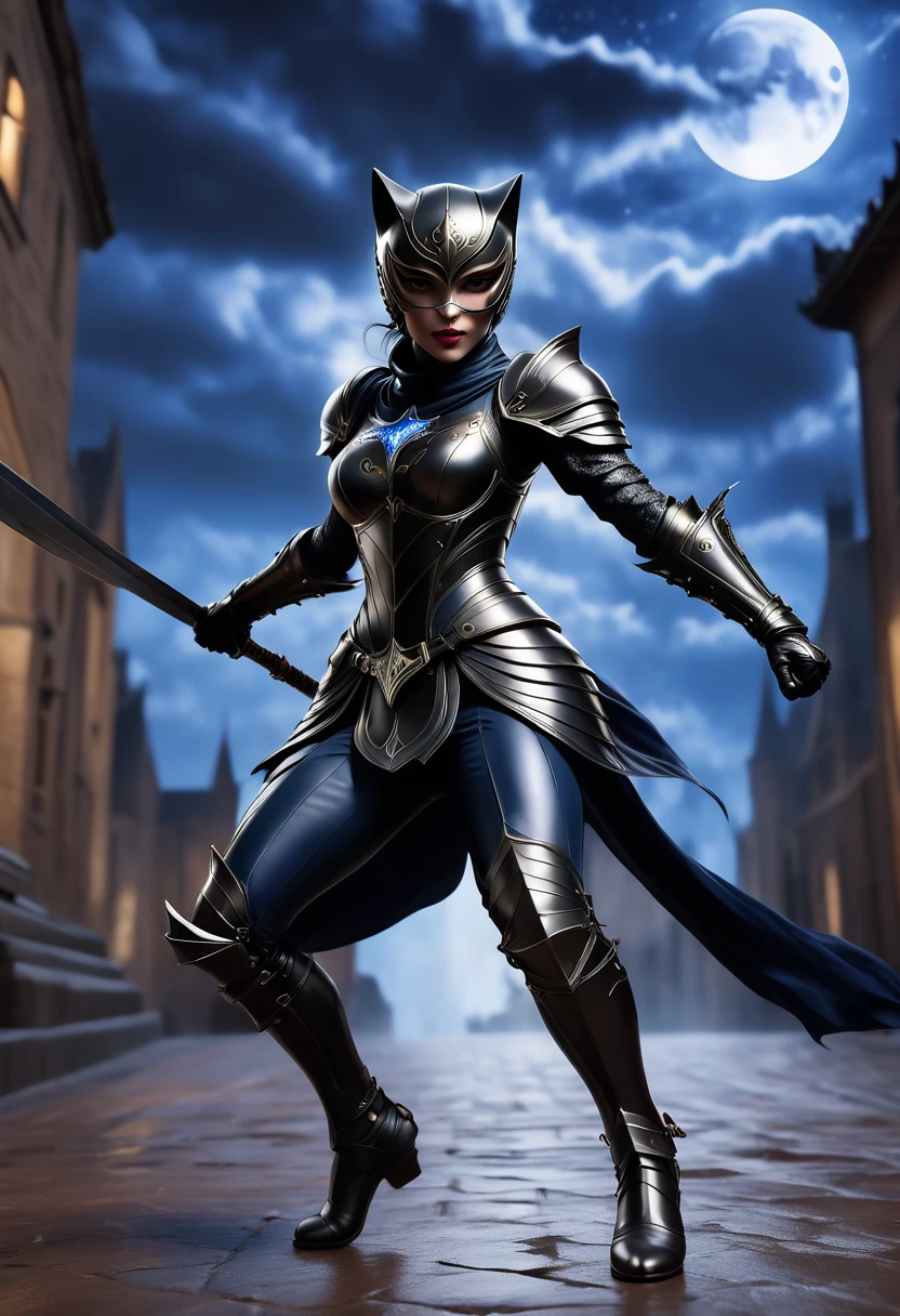 ((Full body photo, standing, feet on the floor)) (best quality,4k,8k,highres,masterpiece:1.2),ultra-detailed,(realistic,photorealistic,photo-realistic:1.37),Cat Knight:1.37,strong,confident,beautiful detailed eyes,beautiful detailed lips,fierce gaze,sharp claws,leather armor,shiny metal details,protective helmet,ornate engravings,battle scars,glowing blue magical symbols,cat-shaped motifs,determined expression,graceful stance,hovering above the ground,dark and menacing background,moonlit night,sharp shadows,deep purples and blues,moonlight casting a mysterious glow,thunderous clouds,dynamic energy,fast and agile movements,battle-ready,Catwoman fiercely engages in a combat posture,swift attacks,jumping through the air,striking with precision,powerful kicks and punches,utilizing acrobatic movements,leaping between rooftops,Drawing inspiration from medieval knights,Catwoman embodies a warrior spirit,combining feline grace and lethal skill,defender of justice by night,protecting the vulnerable,combining world of cats and knights.