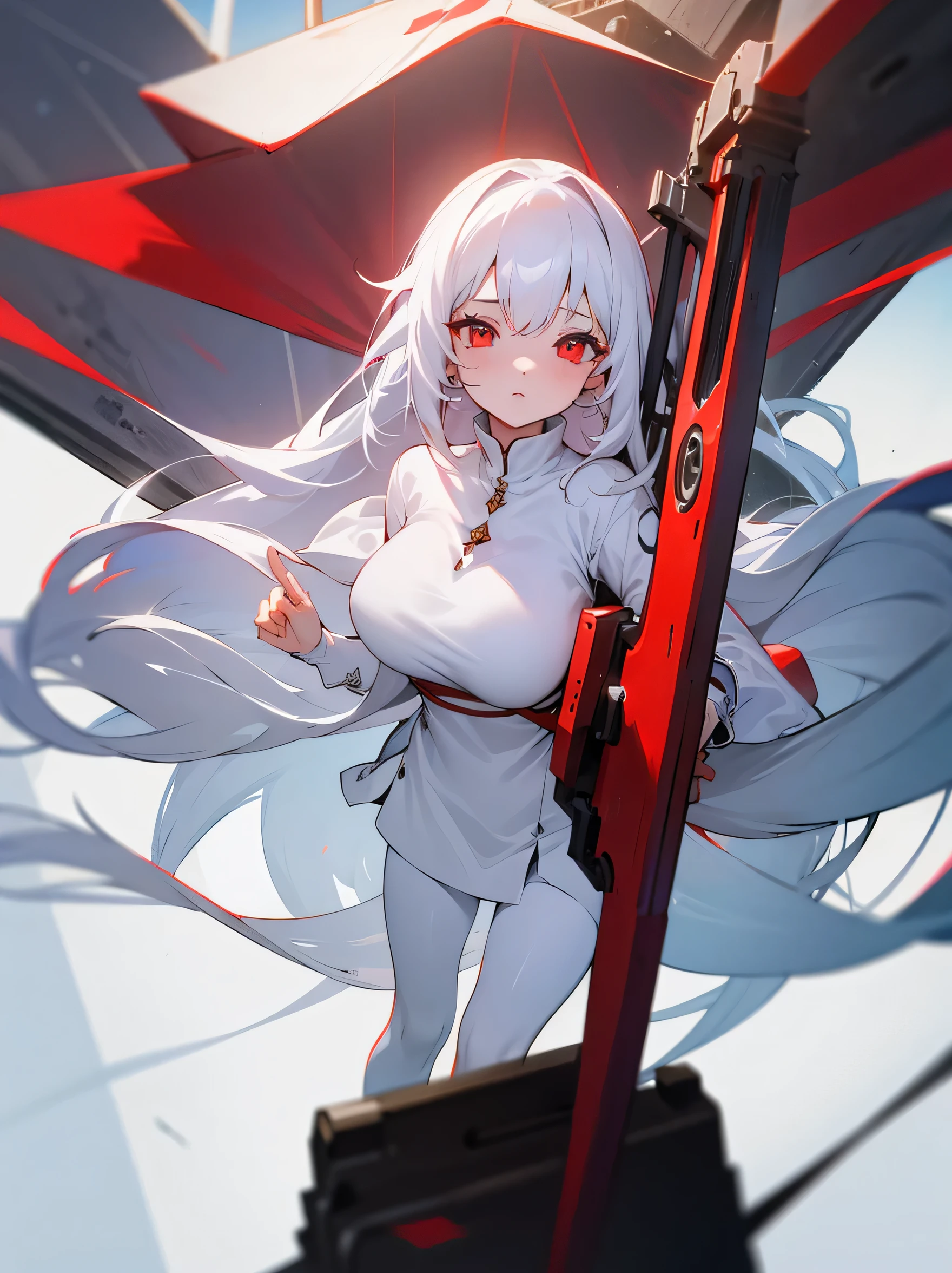 1girl, long white hair, red eyes, wearing simple dress, white tights, historical city, absurdres, high res, ultrasharp, 8K, masterpiece, looking at viewer
