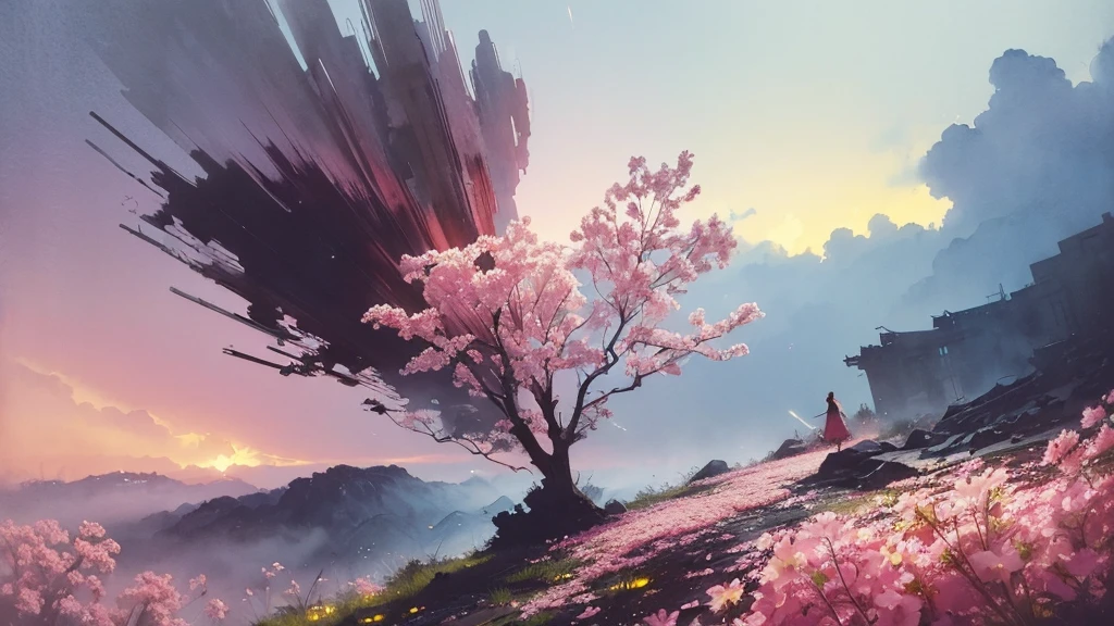 32k, Masterpiece, Highest quality, One girl, Brown Hair, Detailed eyes, flower,sweet pea, Pink and yellow style,A dreamy, romantic piece,Pale pink, Mysterious Leaves,A playful arrangement,Fantasy,High Contrast,Ink strokes,explosion,Exposure, Impression of pink and yellow tones,Abstract,((Watercolours by John Berkey and Jeremy Mann )) Brush strokes,Negative Space, Tyndall effect, White background
