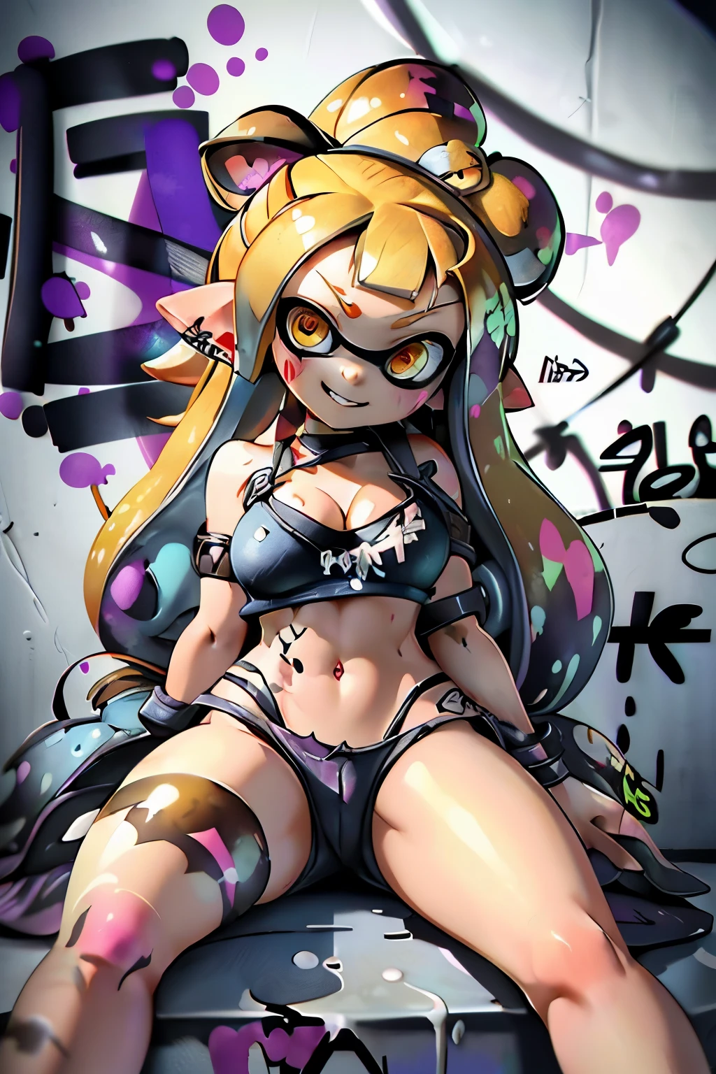 Absurd, Highest quality, High resolution、Real Anime、3d、One Splatoon girl, alone, Multicolored tentacle hair, ((Big Breasts、Cleavage))、Underboob、Crop top, Denim shorts, Low-rise pants、choker, (graffiti:1.5), Paint splashes, ((Sit down、Spread your legs))、Raise one knee、Put your arms behind your back, (Hunchback), Lean back, Against the wall, (Tilt to the side:0.25), View your viewers, Armband, Thigh straps, Upturned eyes, Golden Eyes、Head Down, Tilt your head, (From the side:0.75), Toothy smile、