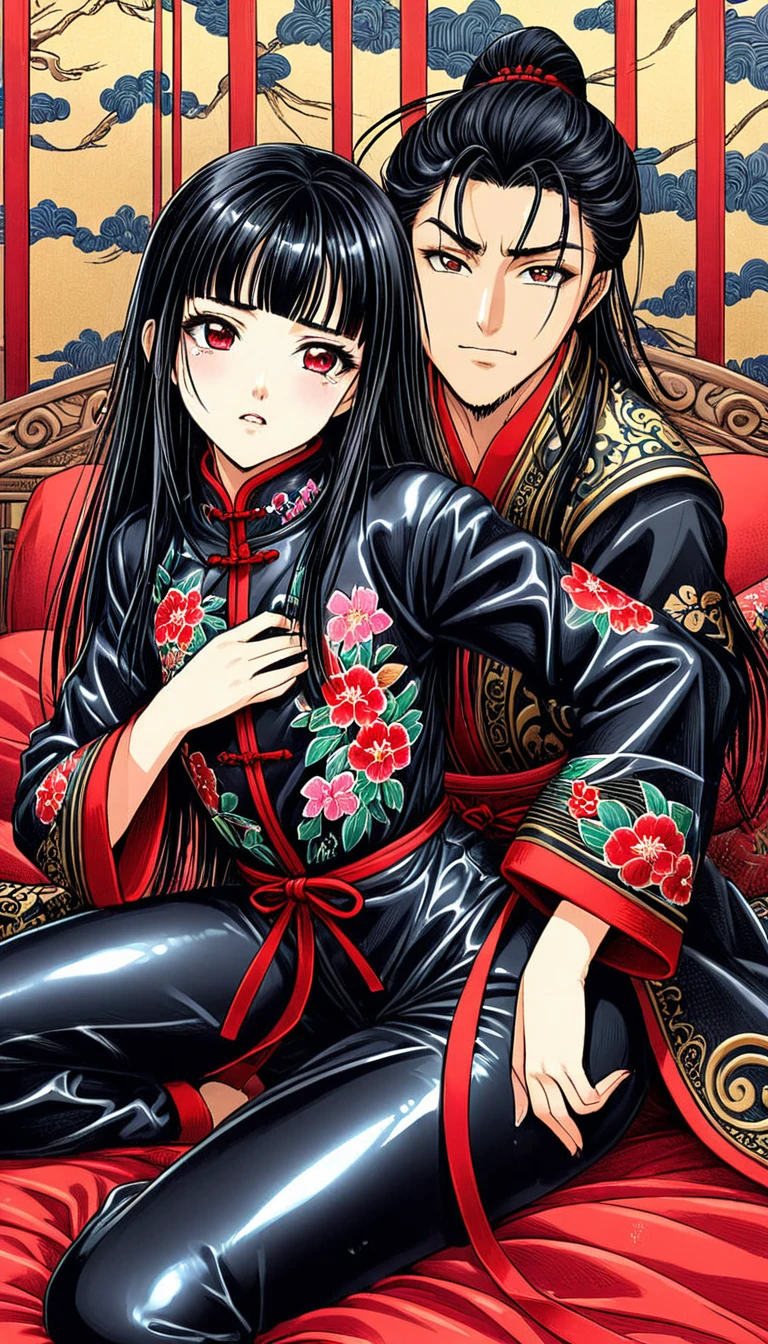 8k Tragic historical drama in live-action style: Beautiful palace secrets　Beautiful Chinese 10 year old kung fu girl with long black hair gets fucked by demon king　Gorgeous embroidery, Ultra glossy, She is wearing a shiny red long-sleeved floral kung fu suit....　　She cries loudly and is made to lie on a floral futon and has a penis inserted into her　She spreads her legs wide