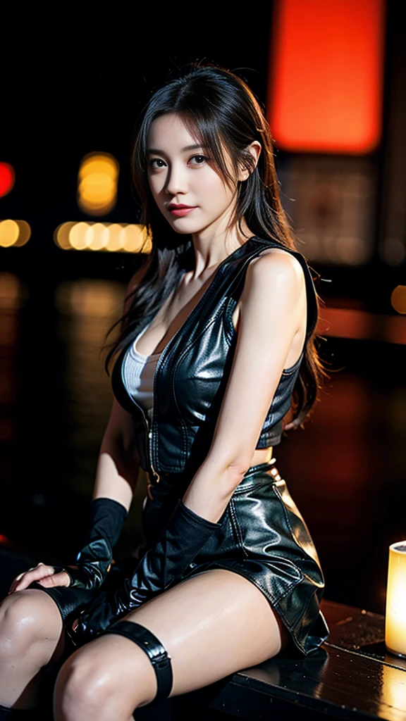 (8K, best quality, masterpiece: 1.2), (Practical, Reality: 1.37), Super Detail, A girl, Lovely, Solitary, (Tifa Lockhart), (Small Breasts), (漂亮的Eye), (Smile: 1.2), (closure), posture, dance, neon, city View, Depth of Field, Dark intense shadows, Clear focus, car, Motion Blur, 摩托car, Depth of Field, work, Glowing green, Final Fantasy VII, date, (nose brush), single Elbow pads, Ankle boots, Black Hair, Black skirt, black thighs, Red boots, Elbow gloves, Elbow pads, Fingerless gloves, Tight shirt, Good exercise, (suspender Black skirt), thigh, White vest, whole body, Headrest, Lips, Pretty Face, Low-tied long hair, (Red_Eye)), Flowers, (night: 1.3), complicated, Bokeh, light, Photon Mapping, Radiosity, Physically Based Rendering, (Tetsuya Nomura style)