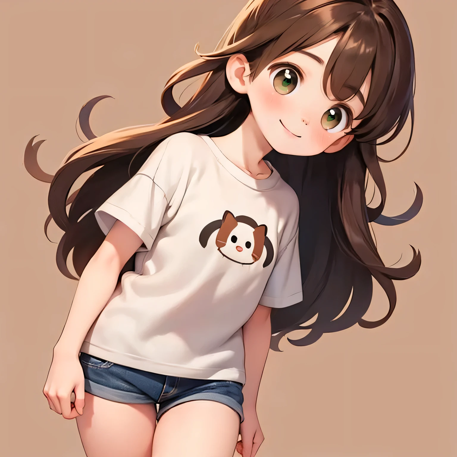 Brown Hair, Long Hair, cute Eyes, low length,Thin thighs,small, Portraiture, Girl,Brown, Happy, small, Short oversized t-shirt,stylish
