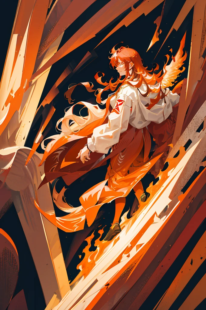 High quality digital painting of a young man with long brown hair and piercing orange eyes, adorned in medieval costume, controlling vibrant flames with a pair of enormous red wings sprouting from his back, intense and powerful, detailed hair and facial features no facial hair and no fire or accessories on the face looking forward, fiery and majestic, fancy, color palette Vibrantes, dramatic lighting