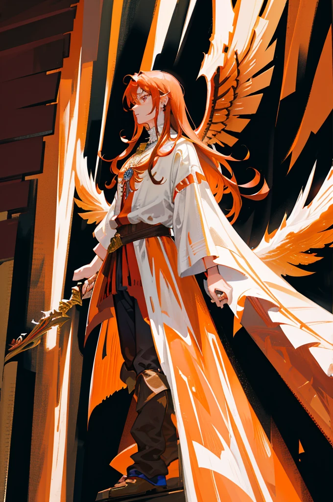 High quality digital painting of a young man with long brown hair and piercing orange eyes, adorned in medieval costume, controlling vibrant flames with a pair of enormous red wings sprouting from his back, intense and powerful, detailed hair and facial features no facial hair and no fire or accessories on the face looking forward, fiery and majestic, fancy, color palette Vibrantes, dramatic lighting