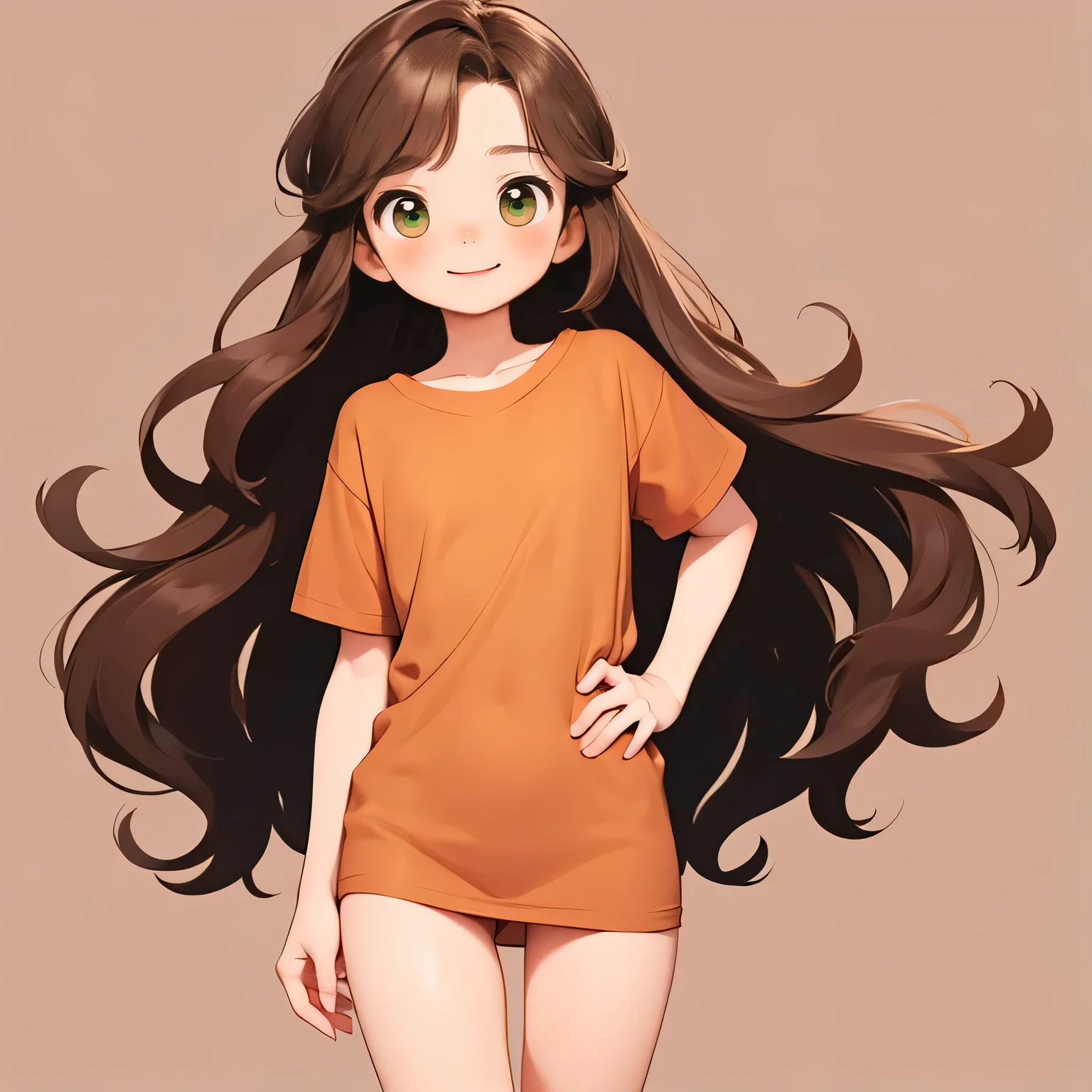 Brown Hair, Long Hair, cute Eyes, low length，Thin thighs，small, Portraiture, Girl，Brown, Happy, small, Short oversized t-shirt，stylish