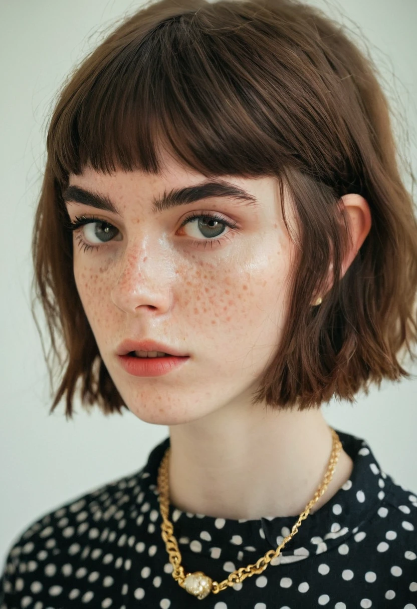 a close up of a woman wearing a necklace and a shirt, french bob, high quality portrait, french bob hair, soft freckles, beautiful thin face, lily frank, Charli Bowater, 50mm portrait, woman face looking off camera, young woman infp, looks like a mix of grimes, she looks like a mix of grimes, white freckles