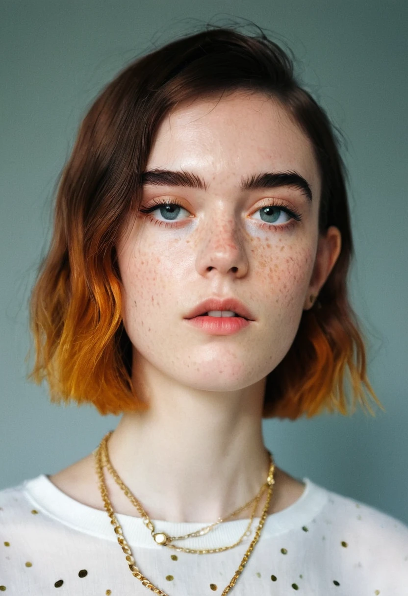 a close up of a woman wearing a necklace and a shirt, french bob, high quality portrait, french bob hair, soft freckles, beautiful thin face, lily frank, Charli Bowater, 50mm portrait, woman face looking off camera, young woman infp, looks like a mix of grimes, she looks like a mix of grimes, white freckles