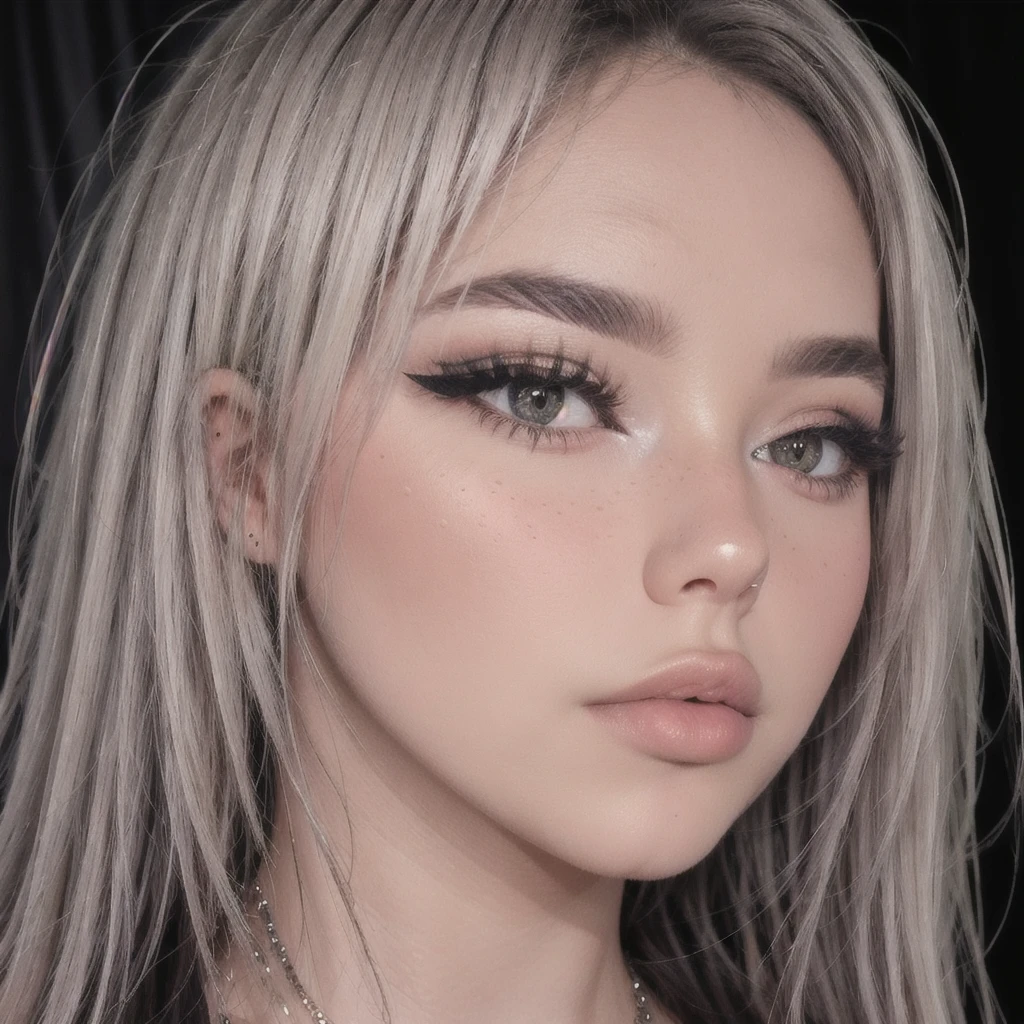 Girl, white hair, blonde hair, blue hair, (egirl makeup:1.1), (face portrait:1.1), big lips, (bimbolips:1.4), (huge lips:1.1), makeup, (eyeshadow:1.1), long hair, enormous lips, dimples, cheekbones