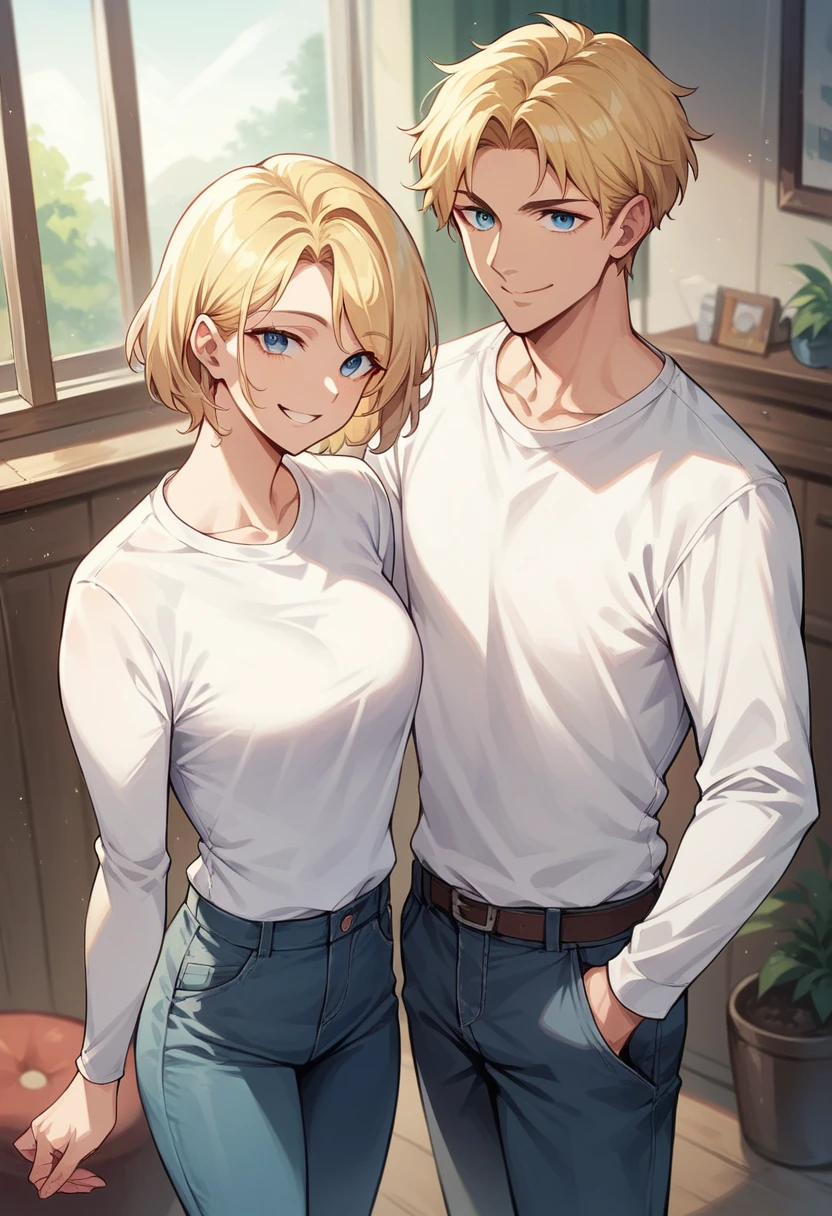 score_9, score_8_up, score_7_up, score_6_up, straight hair, short hair, blonde hair, blue eyes, white shirt, long sleeves, pants, indoors, standing, looking at viewer, smile