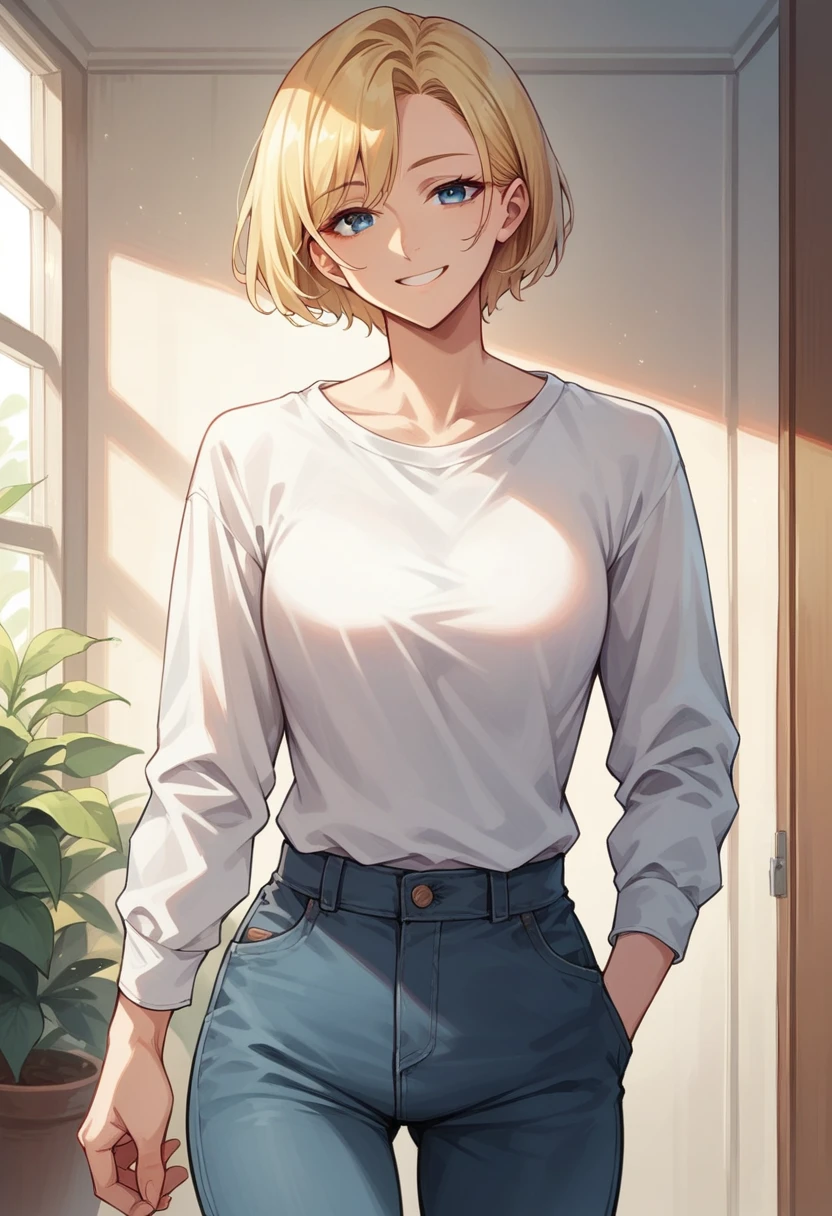 score_9, score_8_up, score_7_up, score_6_up, straight hair, short hair, blonde hair, blue eyes, white shirt, long sleeves, pants, indoors, standing, looking at viewer, smile