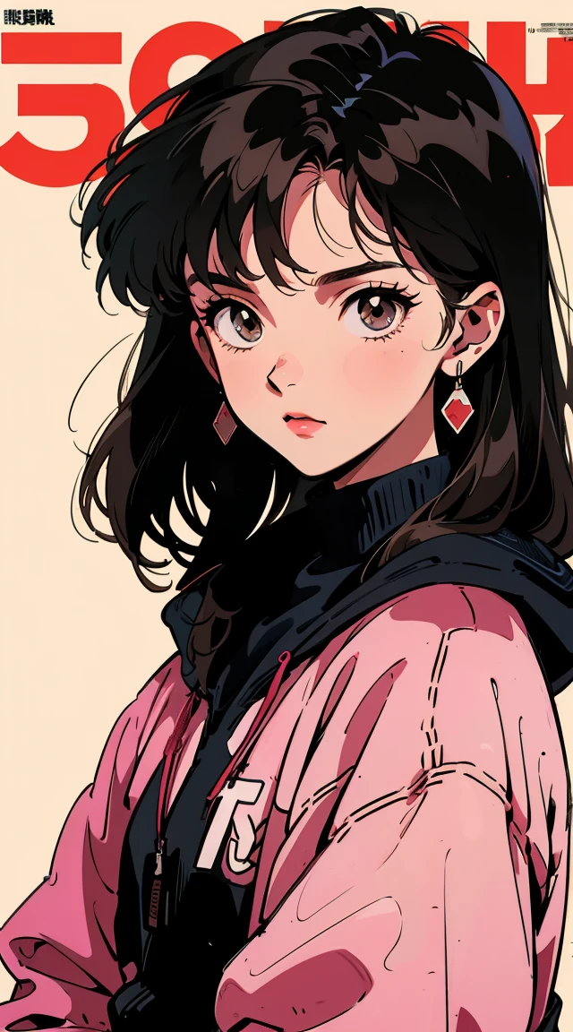 The highest image quality, 90s style anime, 21 year old girl, black hair, long hair, light brown eyes, with a loose hoodie, 90s fashion, white background, (magazine cover),
