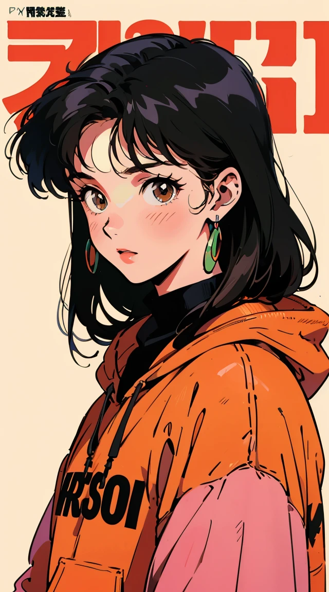 The highest image quality, 90s style anime, 21 year old girl, black hair, long hair, light brown eyes, with a loose hoodie, 90s fashion, white background, (magazine cover),