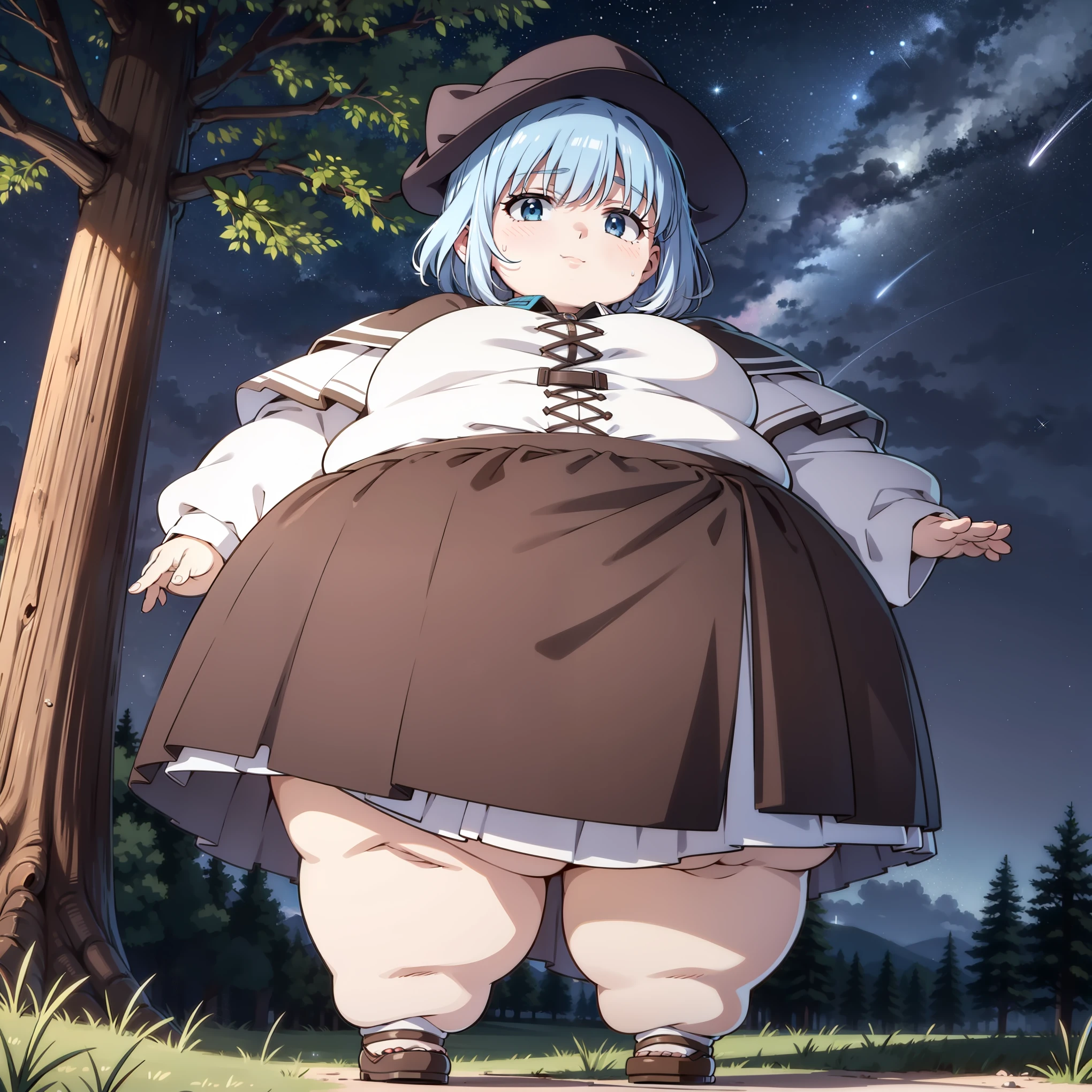 The background is a city., perfect by white girl, in dress, by white, by white god, cute anime waifu with beautiful clothes, hoary, best anime wallpaper 4k konachan, little obese lolivez in Pixiv ArtStation, by white girl, night, standing on a tree, looking at the stars, super detailed face,