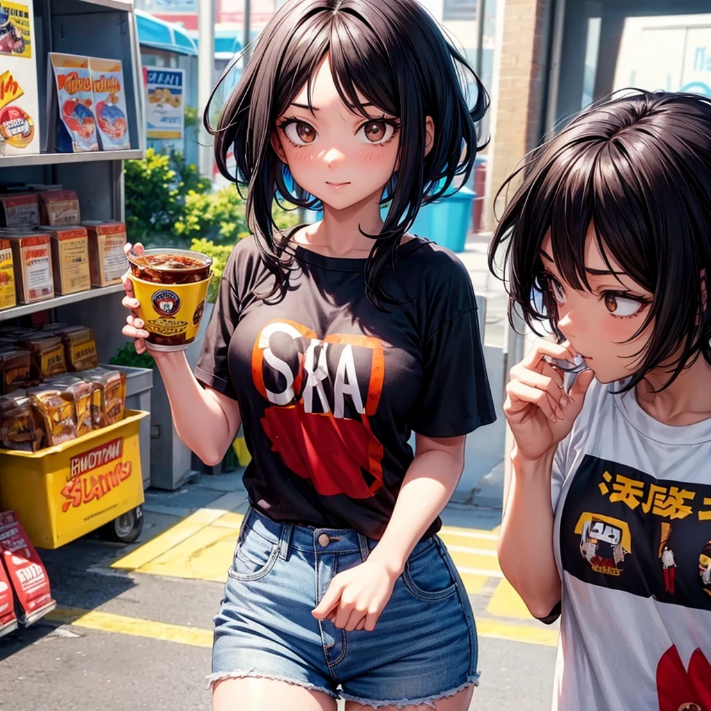 Screenshot my hero academia black haired girl with brown eyes and wearing a chili t-shirt