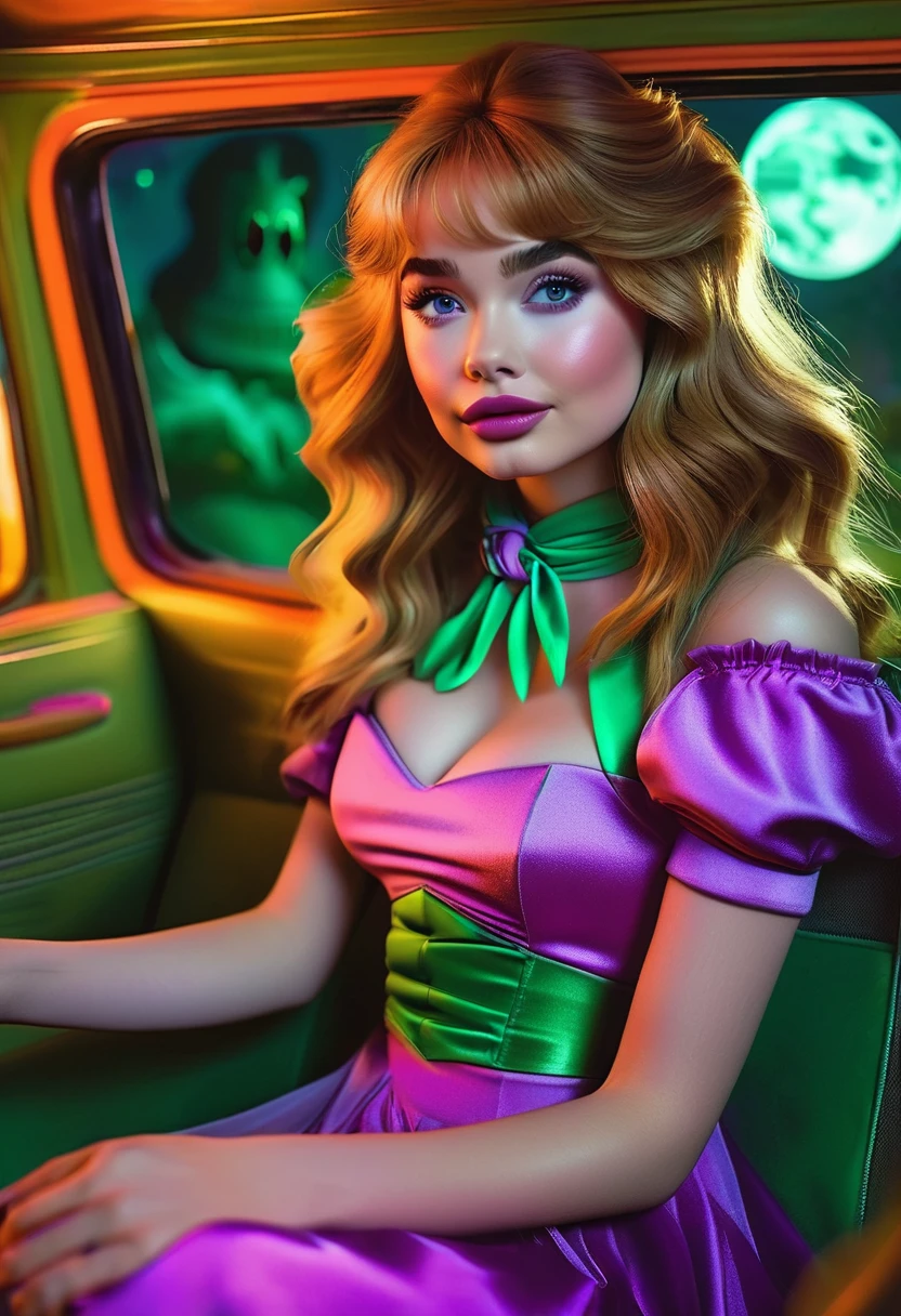 Sabrina Carpenter as Daphne Blake from Scooby-Doo sitting in the mystery machine in the passenger seat. She has orange shoulder length hair. A purple dress with pink pantyhose. A green scarf. And a light purple belt around her waist. It is night time nothing but the Moon is illuminating the scene. She is at a haunted mansion