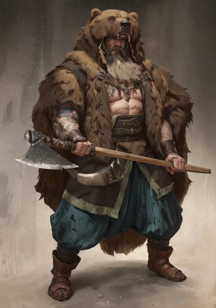 highly realistic image of a berserker. He is an imposing warrior, with a height of about 1,90 meters and a muscular physique, carved by years of battles and intense training. Your face is angular and determined, with a strong jaw and icy blue eyes that convey uncontrollable fury. His beard is long and thick, of a dark brown tone, matching his wild, tousled hair that falls over his broad shoulders.
He is dressed in an imposing bearskin, that covers your torso and shoulders, providing protection from the cold and threatening air. Bear skin is thick and dark, with battle marks that show its use in countless combats. His muscular arms are on display, with runic tattoos and scars that tell stories of his life as a warrior.
In the hands, he holds a two-handed ax, a formidable and intimidating weapon. The ax has a long, sturdy handle, made of dark wood and reinforced with metal, with runic inscriptions engraved across it. The ax's double blades are sharp and shiny, with notches and marks of use that indicate its effectiveness in battle.
The berserker's expression is fierce and ruthless, with a look that seems capable of piercing souls. His teeth are clenched in a silent growl, and your nostrils are flared, as if he was about to go into a battle frenzy. The atmosphere around him is dark and charged., with a light fog that adds a touch of mystery and danger to the scene.
Make sure the image captures all the details mentioned, with special attention to the texture of the bear skin, the ax blades and the intensity in the berserker's gaze. The image must be highly realistic, almost tangible, to convey the true essence and ferocity of this legendary warrior.