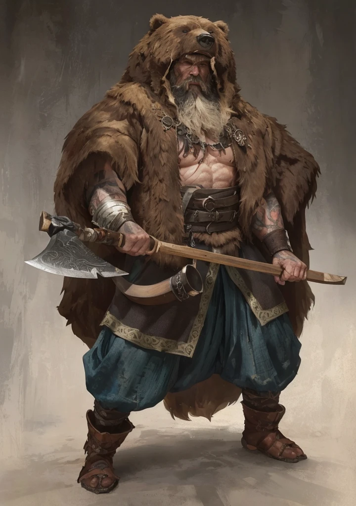 highly realistic image of a berserker. He is an imposing warrior, with a height of about 1,90 meters and a muscular physique, carved by years of battles and intense training. Your face is angular and determined, with a strong jaw and icy blue eyes that convey uncontrollable fury. His beard is long and thick, of a dark brown tone, matching his wild, tousled hair that falls over his broad shoulders.

He is dressed in an imposing bearskin, that covers your torso and shoulders, providing protection from the cold and threatening air. Bear skin is thick and dark, with battle marks that show its use in countless combats. His muscular arms are on display, with runic tattoos and scars that tell stories of his life as a warrior.

In the hands, he holds a two-handed ax, a formidable and intimidating weapon. The ax has a long, sturdy handle, made of dark wood and reinforced with metal, with runic inscriptions engraved across it. The ax&#39;s double blades are sharp and shiny, with notches and marks of use that indicate its effectiveness in battle.

The berserker&#39;s expression is fierce and ruthless, with a look that seems capable of piercing souls. His teeth are clenched in a silent growl, and your nostrils are flared, as if he was about to go into a battle frenzy. The atmosphere around him is dark and charged., with a light fog that adds a touch of mystery and danger to the scene.

Make sure the image captures all the details mentioned, with special attention to the texture of the bear skin, the ax blades and the intensity in the berserker&#39;s gaze. The image must be highly realistic, almost tangible, to convey the true essence and ferocity of this legendary warrior.