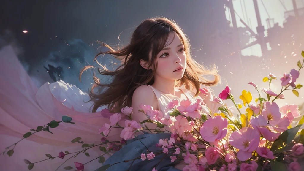 32k, Masterpiece, Highest quality, One girl, Brown Hair, Detailed eyes, flower,sweet pea, Pink and yellow style,A dreamy, romantic piece,Pale pink, Mysterious Leaves,A playful arrangement,Fantasy,High Contrast,Ink strokes,explosion,Exposure, Impression of pink and yellow tones,Abstract,((Watercolours by John Berkey and Jeremy Mann )) Brush strokes,Negative Space, Tyndall effect, White background