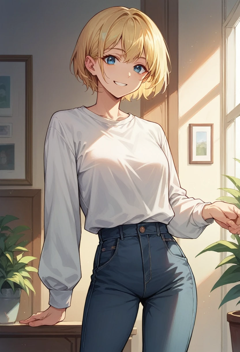 score_9, score_8_up, score_7_up, score_6_up, straight hair, short hair, blonde hair, blue eyes, white shirt, long sleeves, pants, indoors, standing, looking at viewer, smile