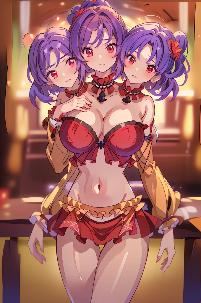 (masterpiece, best quality),best quality, best resolution, (ultra-detailed), (3heads:1.5), 1girl, (yasaka kanako:1.3), masterpiece, best quality, ultra quality, ultra resolution, red top, crop top, ((stomach)), midriff, ((groin)), black skirt, normal ears, shackles, purple hair, very long hair, wavy hair, sidelocks, red eyes, detailed eyes, parted lips, single horn, sweat, cute, toned belly, hand on own chest, eyelashes, (27 year old woman:1.3), (masterpiece:1.5), (best quality:1.5), (beautiful detailed), extremely detailed CG, extremely delicate and beautiful, depth of field, (finely detailed face), (perfect details:1.2), (mature female:1.3), wide pelvis, slender, large veiny breast, 16k resolution, highres, high quality, high definition, extremely detailed, masterpiece, best quality, purple hair, long hair, alluring presence, braid, short skirt, close up, very big tits, huge tits, open breasts, young, front ponytail, hair ornament,