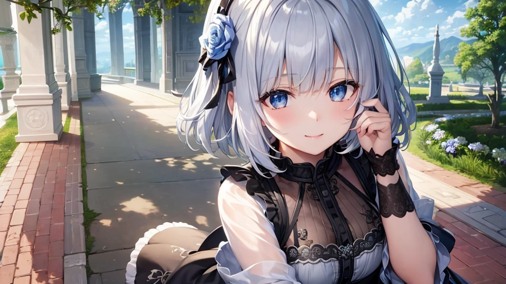 Ultra HD,Look at the viewers, Put your hands behind your back, With a girl, 20-year-old, 非常にShort Hair, Long bangs between the eyes, Pale blue eyes, hoodie, skirt , Very detailed,(masterpiece、Highest quality),Gray Hair、Laughter、Fantastic, Silver Hair, Iris, Short hair、 Fluttering Hair、Small Face、明るいsmile、(Detailed face) ,Professional Lighting,Wonderful landscape,blue sky, sunlight,Looking down from above,Portraiture、Open your mouth、Flower Field、Her eyes were shining、Mysterious and enchanting atmosphere。With AI Painting、とてもShort Hair, Long bangs between the eyes, Very detailed,(masterpiece、Highest quality)、alone、Gray Hair、Fantasy, Silver Hair, Fantasyな風景、White shirt、smile、Open your mouth、short hair、Short Hair、hairpin、black eye、Grey Eyes、Beautiful Eyes、