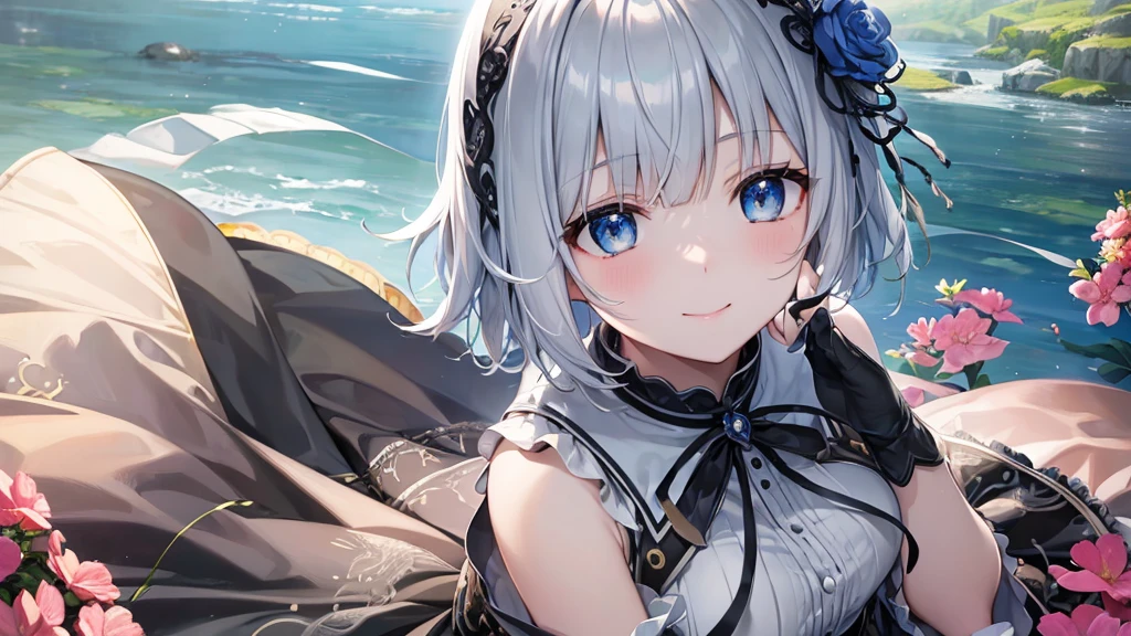 Ultra HD,Look at the viewers, Put your hands behind your back, With a girl, 20-year-old, 非常にShort Hair, Long bangs between the eyes, Pale blue eyes, hoodie, skirt , Very detailed,(masterpiece、Highest quality),Gray Hair、Laughter、Fantastic, Silver Hair, Iris, Short hair、 Fluttering Hair、Small Face、明るいsmile、(Detailed face) ,Professional Lighting,Wonderful landscape,blue sky, sunlight,Looking down from above,Portraiture、Open your mouth、Flower Field、Her eyes were shining、Mysterious and enchanting atmosphere。With AI Painting、とてもShort Hair, Long bangs between the eyes, Very detailed,(masterpiece、Highest quality)、alone、Gray Hair、Fantasy, Silver Hair, Fantasyな風景、White shirt、smile、Open your mouth、short hair、Short Hair、hairpin、black eye、Grey Eyes、Beautiful Eyes、