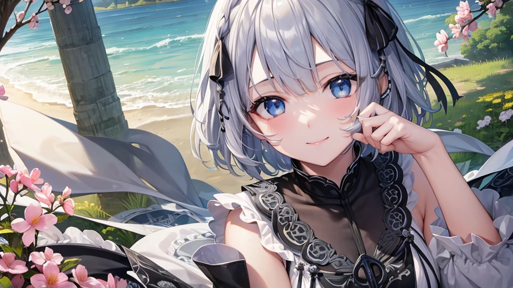 Ultra HD,Look at the viewers, Put your hands behind your back, With a girl, 20-year-old, 非常にShort Hair, Long bangs between the eyes, Pale blue eyes, hoodie, skirt , Very detailed,(masterpiece、Highest quality),Gray Hair、Laughter、Fantastic, Silver Hair, Iris, Short hair、 Fluttering Hair、Small Face、明るいsmile、(Detailed face) ,Professional Lighting,Wonderful landscape,blue sky, sunlight,Looking down from above,Portraiture、Open your mouth、Flower Field、Her eyes were shining、Mysterious and enchanting atmosphere。With AI Painting、とてもShort Hair, Long bangs between the eyes, Very detailed,(masterpiece、Highest quality)、alone、Gray Hair、Fantasy, Silver Hair, Fantasyな風景、White shirt、smile、Open your mouth、short hair、Short Hair、hairpin、black eye、Grey Eyes、Beautiful Eyes、