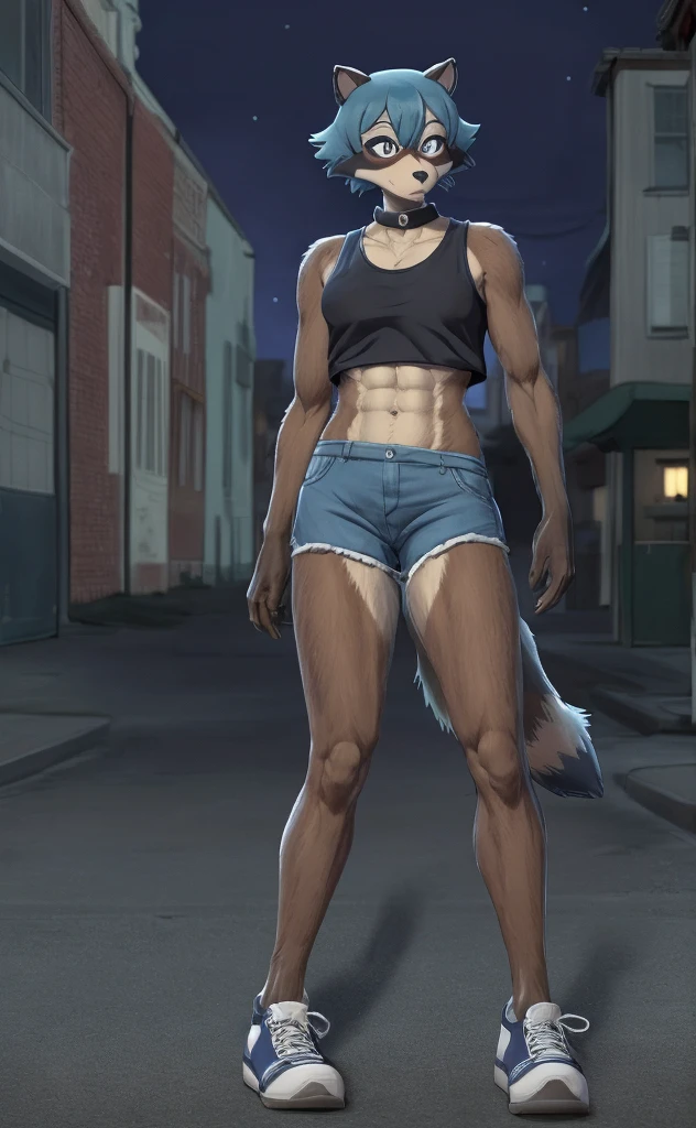 Michiru is basically a tanuki Beastman, though she bore handful traits of blue jay (possibli judging from the color scheme of her hair and tail) and raccoon (marking around the eyes). Her chin-length bob-cut hair and tail are blue in color with black ends. She also has teal eyes, and black pointy cat-like ears on the top of her head. Her hand-paws, feet-paws, and a patch on her face are dark brown while the rest of her fur is light brown much like a real tanuki, She wears a loose gray tank-top, a black undershirt underneath, navy dolphin shorts with light green trim, a red sports jacket with white trim and a unfolded collar, and white sneakers with red soles, anthro raccoon, female, adult, muscles, brown fur, buffed body, tail, sexy, beefy body, furred body, furry chest hair, realistic, full body, photorealistic, ultra realistic, 8k, night, bare-chested, in back turned posing, sexy butt