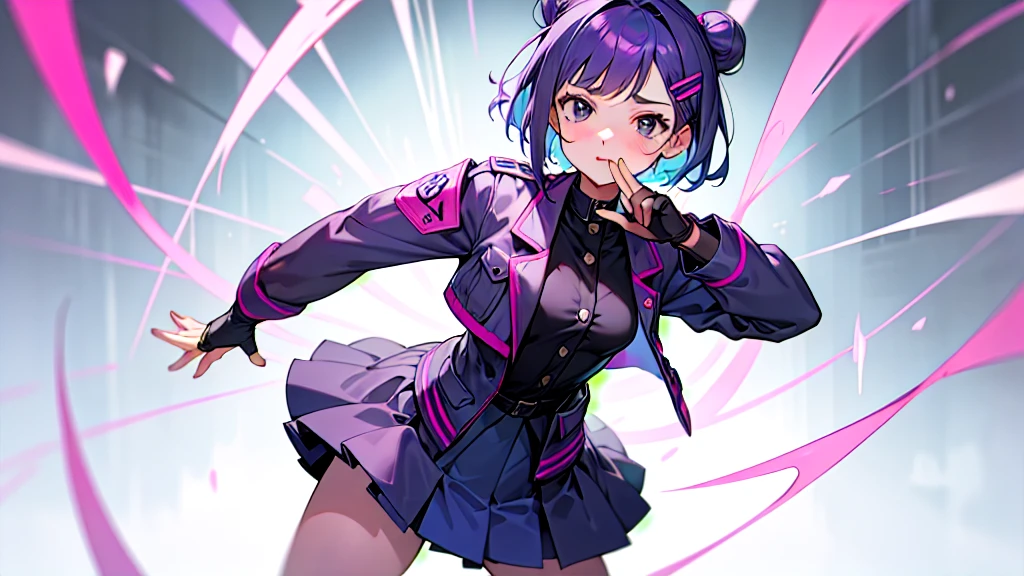 Top Quality, 8K, 4K, High Definition, Detail, (better-quality, 8K, 12), top-quality, 1 girl、purple short bob hair clip tied into a bun、black eyes、small breasts、uniform、gray jacket with pink line、blue skirt、 fingerless gloves、thighs、Ilcha fousing on her, surprise face, having her handon her face, making cute expressing face. picture pose, she is standing up,
