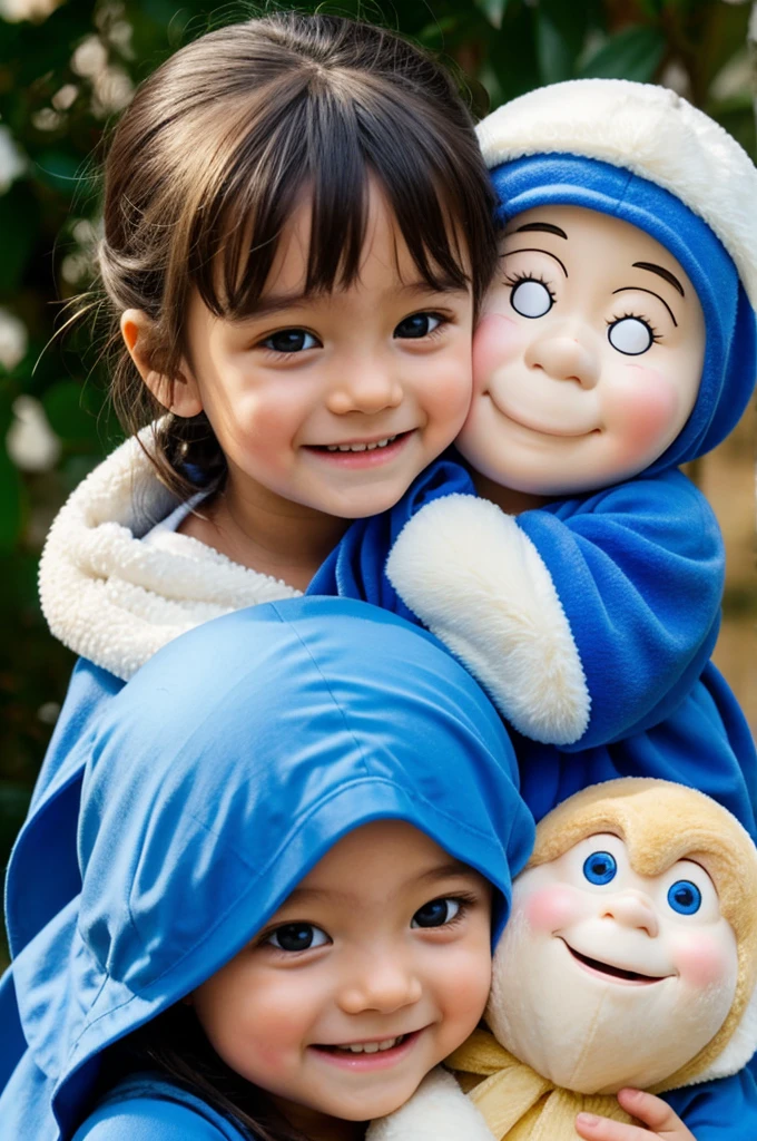 Un enfant animée mignion qui sourit avec une capuche bleue
