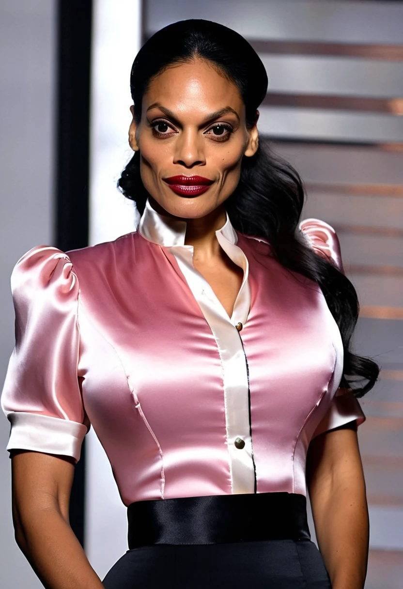 (angry evil rosario dawson sad and angry with flared nostrils and furrowed brows:1.4), (wearing a closed satin skintight silk buttoned mandarin collar blouse with large shoulder-pads and extremely tight satin belt:1.6), tight hairbun, silk gloves, neck defined, waist defined