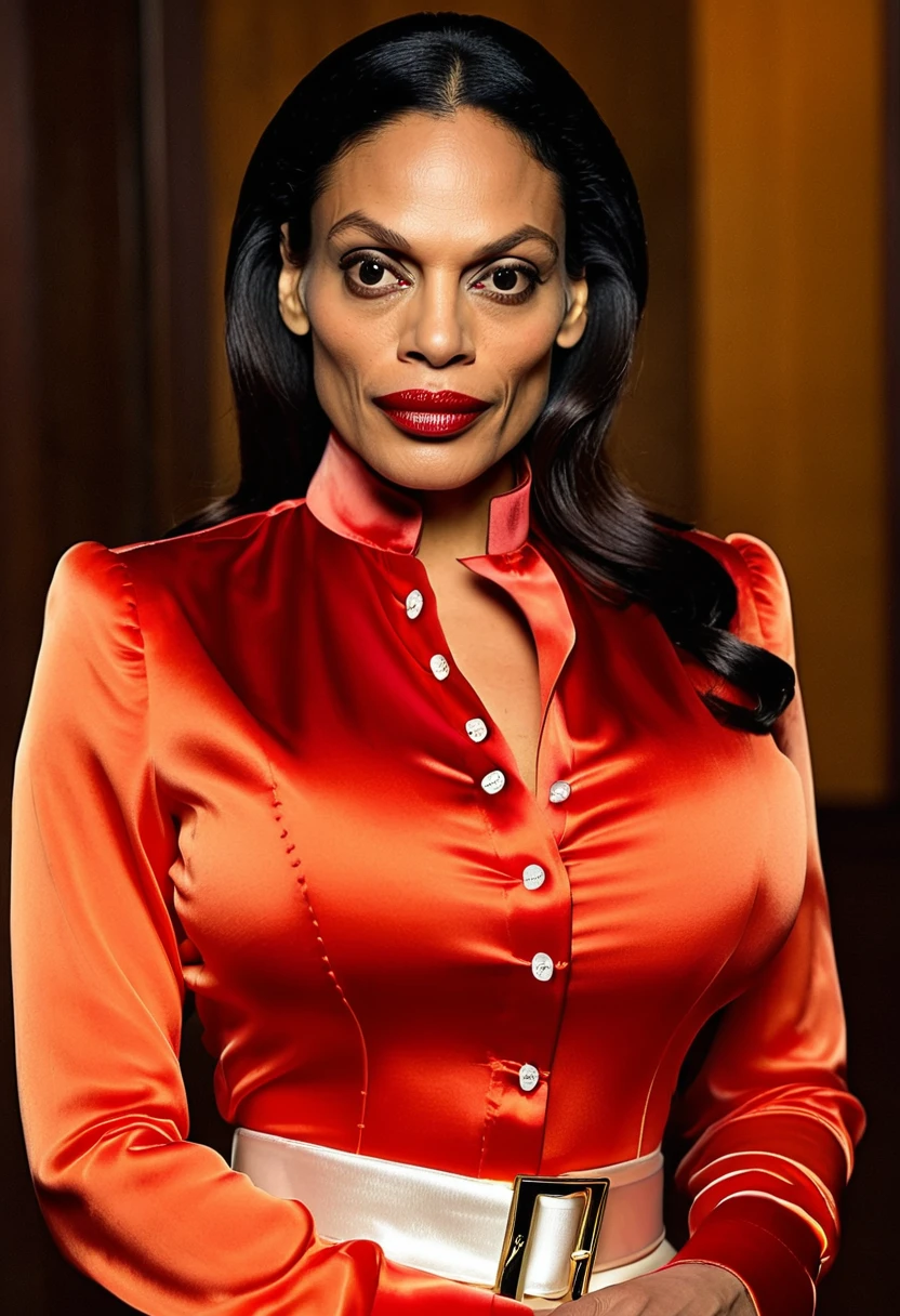 (angry  evil rosario dawson sad and angry with flared nostrils and furrowed brows:1.4), (wearing a closed satin skintight silk buttoned mandarin collar blouse with large shoulder-pads and extremely tight satin belt:1.6), tight hairbun, silk gloves, neck defined, waist defined