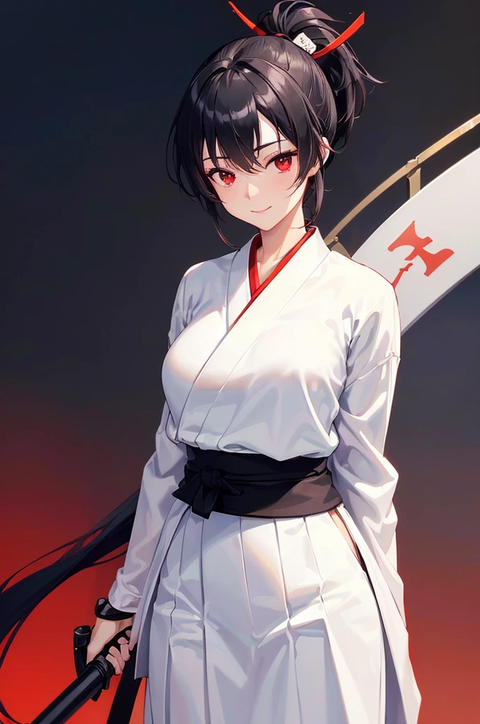 (masterpiece; best quality: 1.2), (finely detailed eyes: 1.3), ((25 year old woman)), ((solo)), (red eyes: 1.4), (body; lithe, slender, femenine: 1.3), (black hair in ponytail: 1.3), (beautiful and clear background: 1.2), ((depth of field)), (clothes: ronin attire + white kosode + black hakama + black sash: 1.3), (anime illustration: 1.2), (background composition; kendo dojo + night time: 1.1), (extremely fine and beautiful: 1.1), (shot composition; standing + centered on torso + close-up: 1.5), (expression; calm, smile: 1.2)
