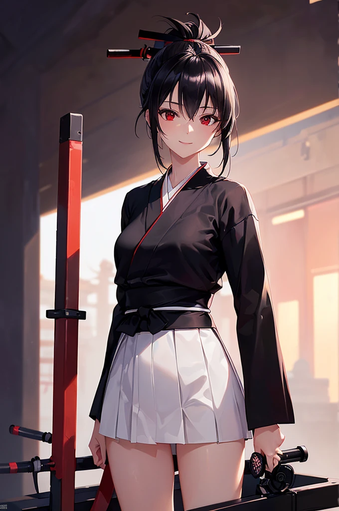 (masterpiece; best quality: 1.2), (finely detailed eyes: 1.3), ((25 year old woman)), ((solo)), (red eyes: 1.4), (body; lithe, slender, femenine: 1.3), (black hair in ponytail: 1.3), (beautiful and clear background: 1.2), ((depth of field)), (clothes: ronin attire + white kosode + black hakama + black sash: 1.3), (anime illustration: 1.2), (background composition; kendo dojo + night time: 1.1), (extremely fine and beautiful: 1.1), (shot composition; standing + centered on torso + close-up: 1.5), (expression; calm, smile: 1.2)
