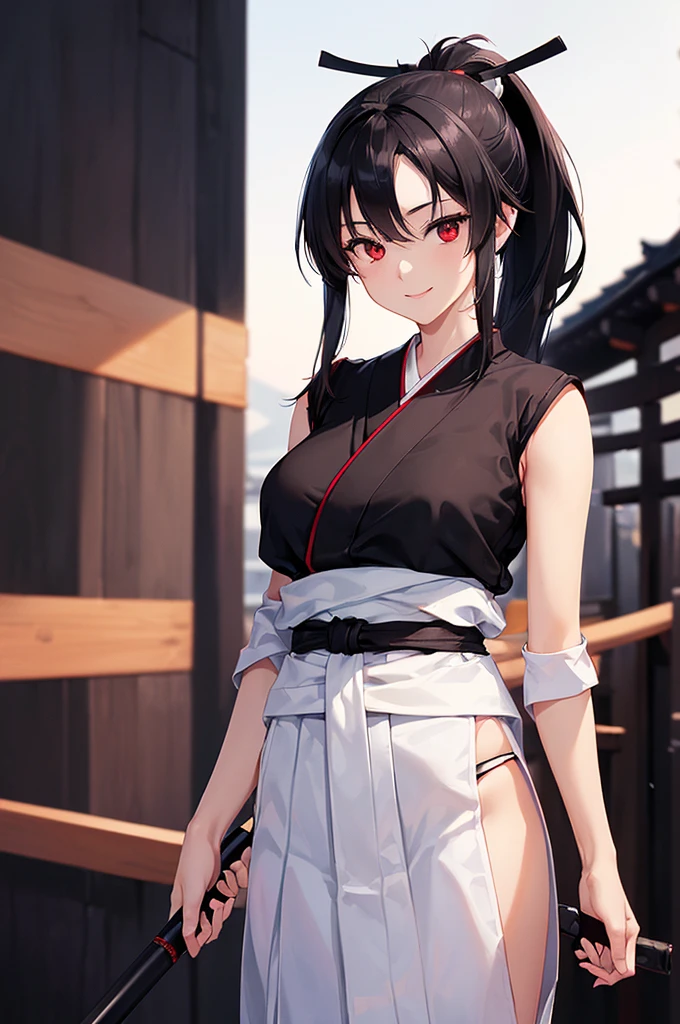 (masterpiece; best quality: 1.2), (finely detailed eyes: 1.3), ((25 year old woman)), ((solo)), (red eyes: 1.4), (body; lithe, slender, femenine: 1.3), (black hair in ponytail: 1.3), (beautiful and clear background: 1.2), ((depth of field)), (clothes: ronin attire + white kosode + black hakama + black sash: 1.3), (anime illustration: 1.2), (background composition; kendo dojo + night time: 1.1), (extremely fine and beautiful: 1.1), (shot composition; standing + centered on torso + close-up: 1.5), (expression; calm, smile: 1.2)