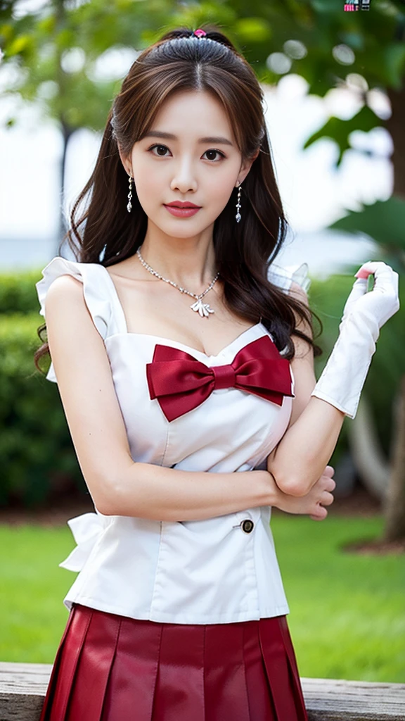 (, high resolution, Ultra Detailed, nffsw), On the table, best quality, SAMA1, Tira, Sailor warrior, White gloves, Red sailor collar, Red Skirt, Star necklace, Elbow groove, Pleated Skirt, Bare legs, Purple bow, Cowboy photoshoot, outdoor, Bokeh (85mm lens), Front camera, Gentle expression, wind blowing hair, fluffy hair, hair ((Brown)), Ponytail, Casual hairstyles, Blonde hair, Mole under left eye, Perfect body, Big breasts, Large Breasts, Top quality wearing hair ribbons, Earrings of top quality, garden，fountain